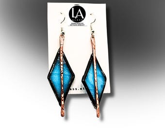 Glacial Blue Stained Glass Rhombus Earrings with Copper Bar Accent