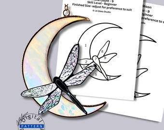 Dragonfly Crescent Moon Stained Glass Pattern | Beginner Stained Glass Suncatcher Pattern | Instant Digital Download | PDF Pattern