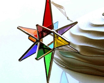 Rainbow Stained Glass Moravian Star Suncatcher, 12 Point Bethlehem Star, Colorful Window Decor, Christmas Ornament