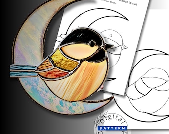 Beginner Stained Glass Chickadee Moon Pattern PDF & SVG | Easy Crescent Moon Bird Suncatcher | Digital Glass Pattern | 14 Piece Design