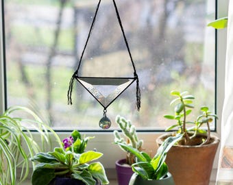 Handcrafted Beveled Glass Suncatcher • Boho Black Fringe, Crystal Drop (3" Triangle)