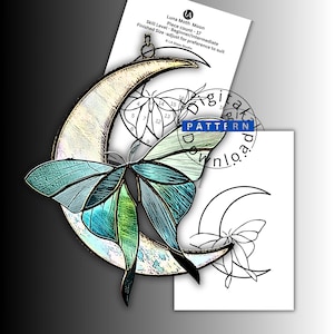 May include: A stained glass suncatcher featuring a crescent moon and a luna moth with iridescent teal and green wings. The design includes a numbered pattern sheet labeled Luna Moth Moon, Skill Level - Beginner/Intermediate, Piece count - 17.
