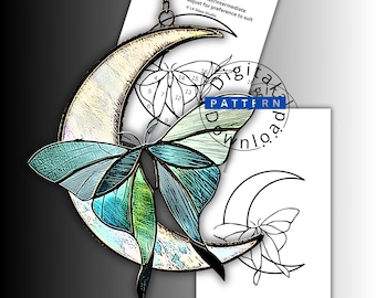 Beginner Stained Glass Luna Moth Moon Pattern | 17 Piece PDF & SVG | Crescent Moon Suncatcher
