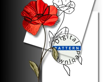 Organic Poppy Stained Glass Pattern SVG PDF, 13 Piece Red Flower Suncatcher Template, Free Hanging Floral Window Art