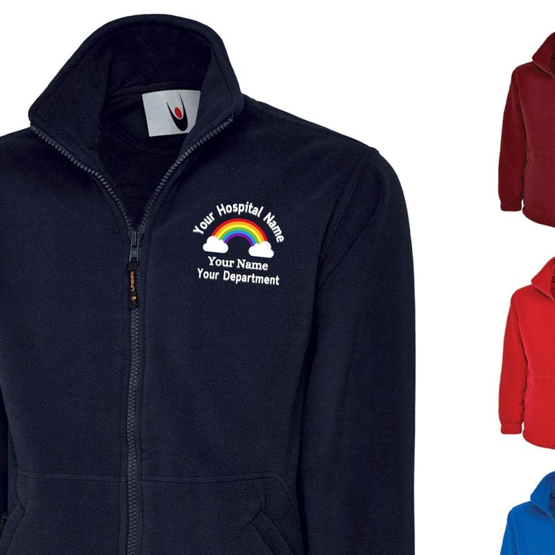 Rainbow Fleece with Custom Embroidery – Hospital, Department & Name | Personalised Rainbow Fleece Unisex Staff Uniform Full Zip Micro Fleece