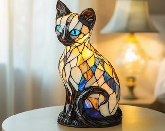 シーグラスの猫の置物ナイトライト、ステンドグラスのかわいいアート