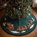 Retro Toy Train Wonderland Tree Skirt, Vintage Style Engine & Presents Holiday Skirt, Xmas Gift, Green Quilted Christmas Decor