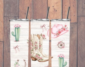 Cowgirl Tumbler Warp Skinny 20oz, Coquette Cowgirl Wrap, Sublimation, Western, Floral Aesthetic Design