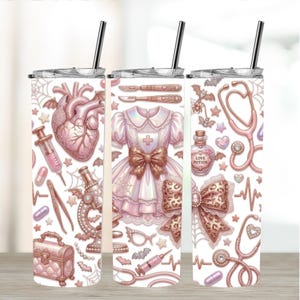 Rosa Coquette Halloween Sjuksköterska Spöke Slim 20oz Tumbler Wrap PNG | Coquette Spooky Sjuksköterska Sublimeringsdesign