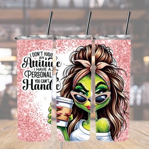 Christmas Green Girl Tumbler Wrap 20 oz Skinny PNG, Attitude Quote Wrap, Retro Coffee Lady Digital Download