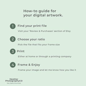 May include: A green and white illustrated guide with four numbered steps on how to print digital artwork. The steps are: Find your print file, Choose your ratio, Print, and Frame & Enjoy. The text "Heather PhotographyCO Etsy Digital Downloads" is at the bottom of the image.