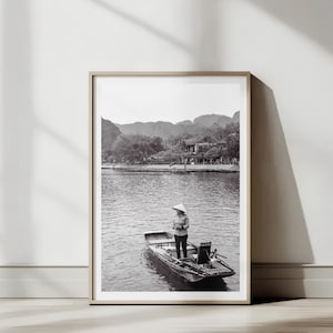 Vietnamese Black and White Wall Art Print, Ninh Binh, Vietnam | Asia Travel Poster | Printable Wall Art Digital Download Gift | Tam Coc Boat