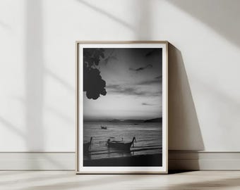 Black and White Artwork, Thai Sunset, Krabi, Ao Nang, Thailand | Street Photography | Printable Wall Art | Digital Download Gift | Travel