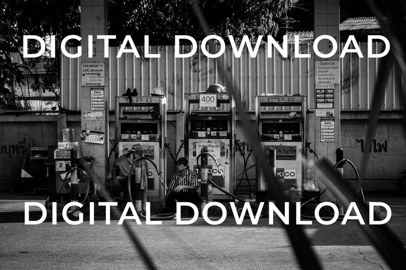 May include: Black and white photo of a gas station with three pumps. The pumps are labeled with the numbers 400 and 1 PG. The text "DIGITAL DOWNLOAD" appears twice in the image.