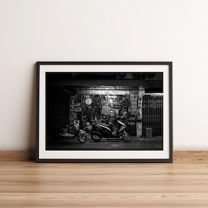 Garage Workshop, Bangkok, Thailand | Black and White Street Photography | Printable Wall Art | Digital Download Gift | Motorbike