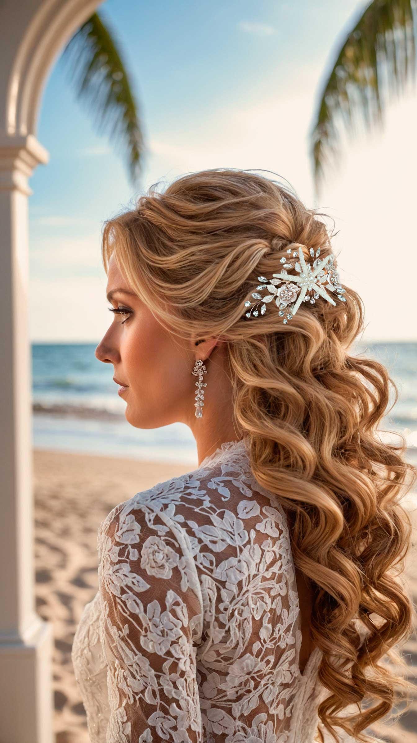 Beautiful Ocean Theme Starfish Pearl & Crystal Headpiece Womens Bridal Hair Comb Starfish Bridal Hair Comb: Pearl, Crystal, & Metallic Flower  main image 2
