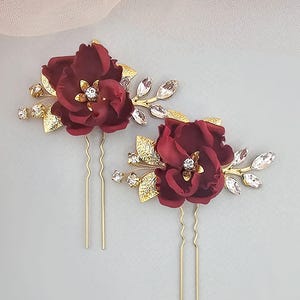 Burgundy bridal hairpins for fall wedding Marsala silk rose bobby pins for bride Deep red hair accessories Burgundy autumn wedding hairpiece