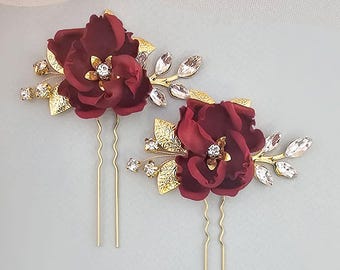 Burgundy Silk Rose Hair Pins: Crystal Leaf Bridal Hairpiece