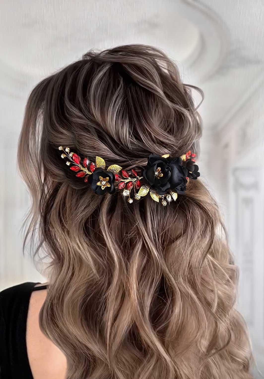 Black Flower Comb Gothic Wedding Hair Piece Black Wedding Veil Gothic ...