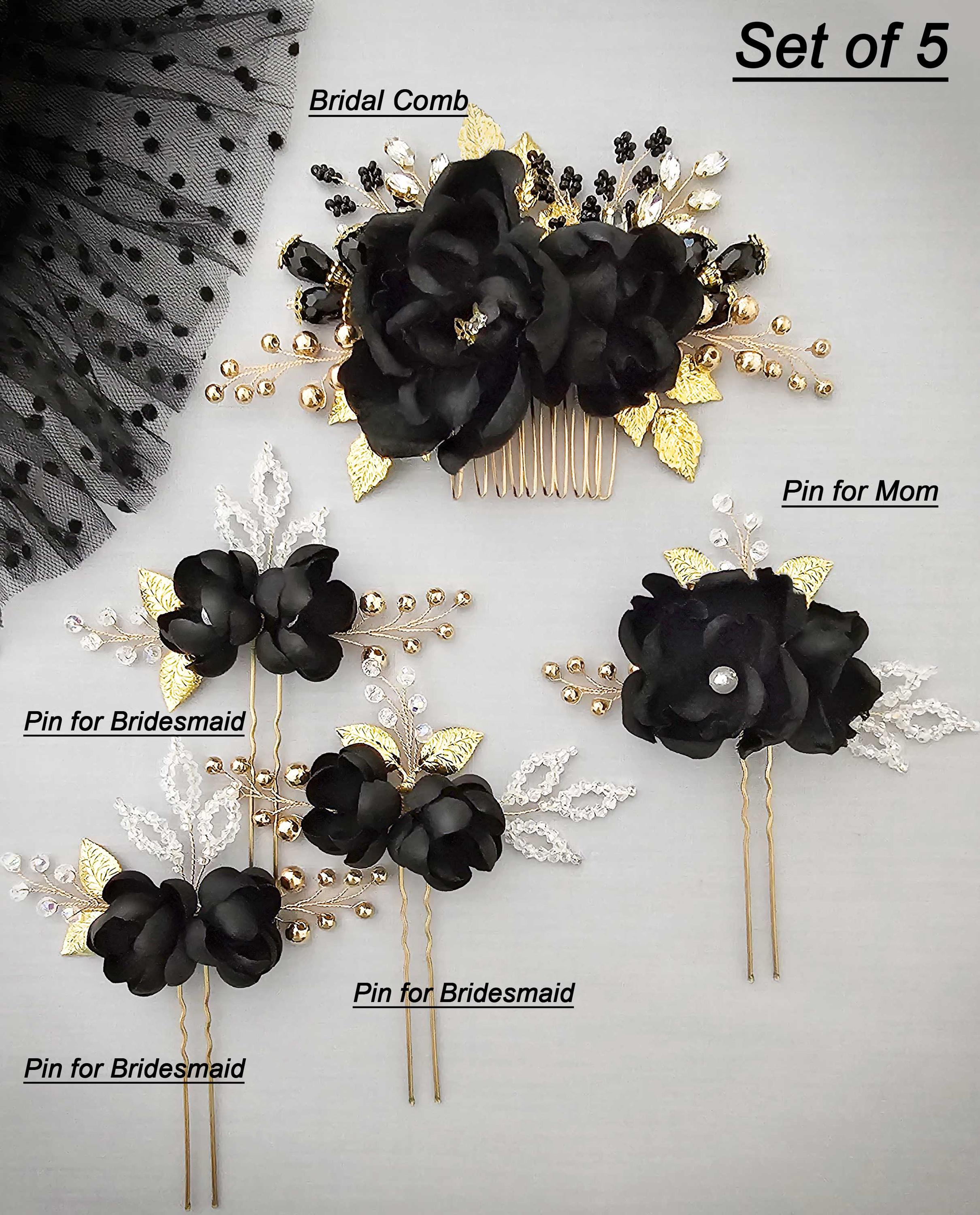 OSSAI SS11-FL-19 Crystals Feathers Black Hair Flower Comb Bridal Formal Amazon.com : 2 PCS Flower Hair Comb Black Bridal Wedding  main image 3