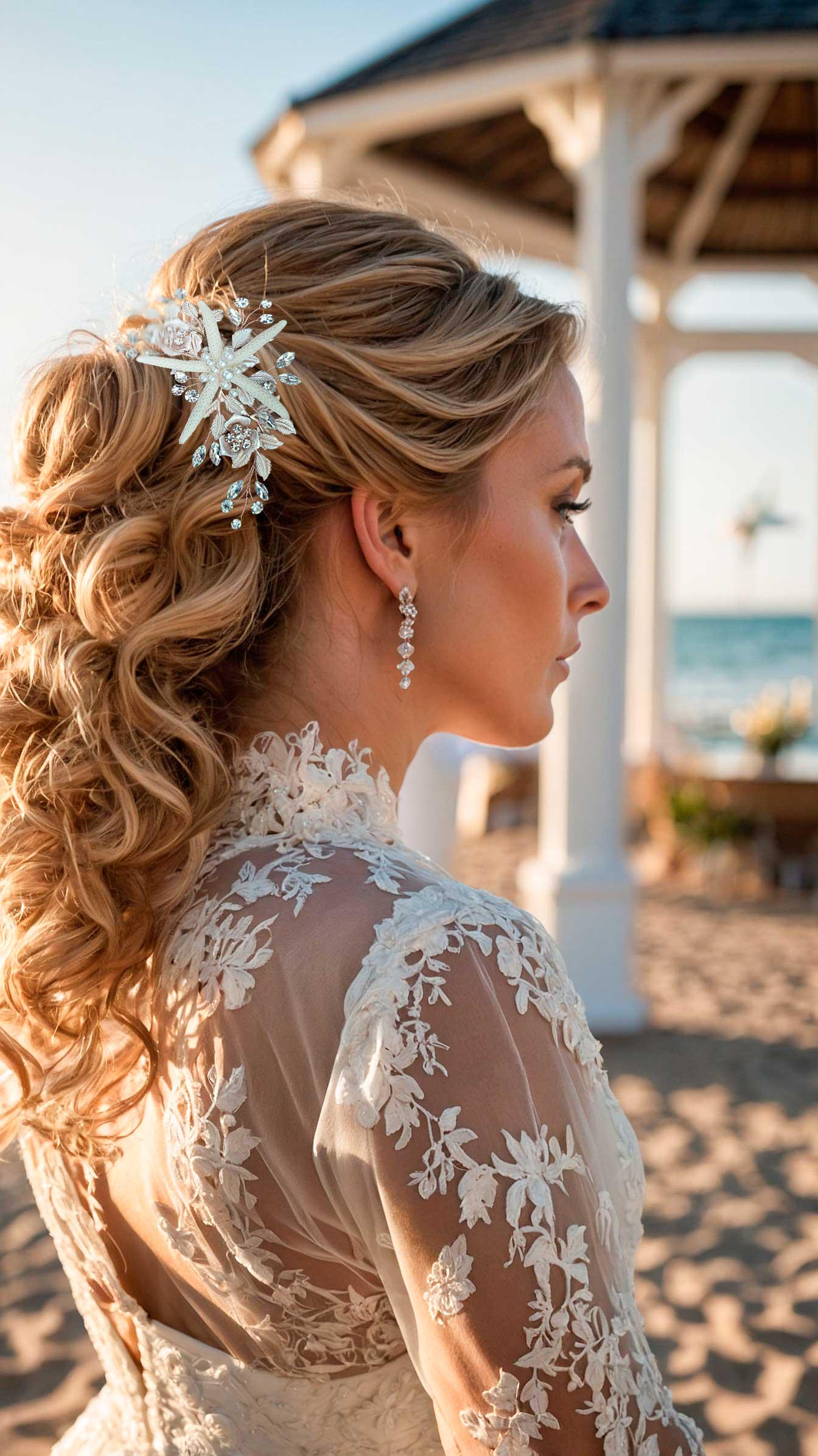 Starfish Bridal Hair Comb: Pearl, Crystal, & Metallic Flower 