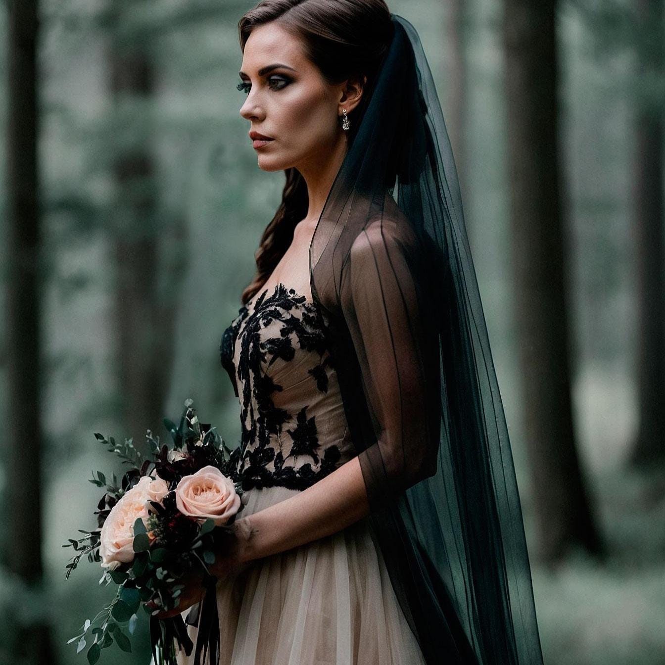 Sheer Black Beaded Tulle Veil with Comb-Romantic Gothic Bridal Hair Black Gothic Wedding Veil: Mini Pearl Tulle Veil With Comb  main image 4