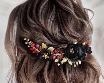 Gothic Black Rose Hair Comb: Red Crystal Wedding Hair Piece