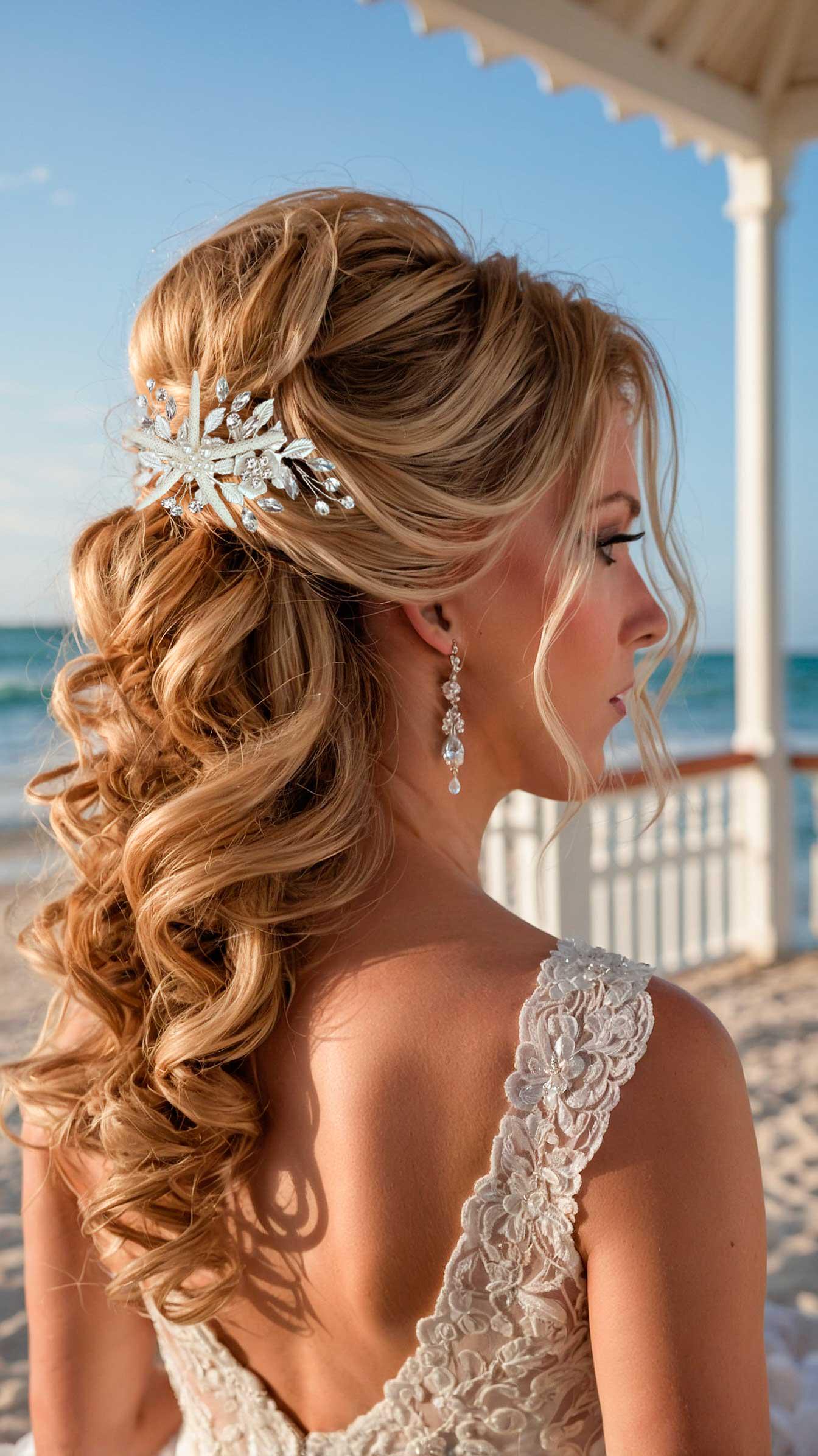 Beautiful Ocean Theme Starfish Pearl & Crystal Headpiece Womens Bridal Hair Comb Starfish Bridal Hair Comb: Pearl, Crystal, & Metallic Flower  main image 4