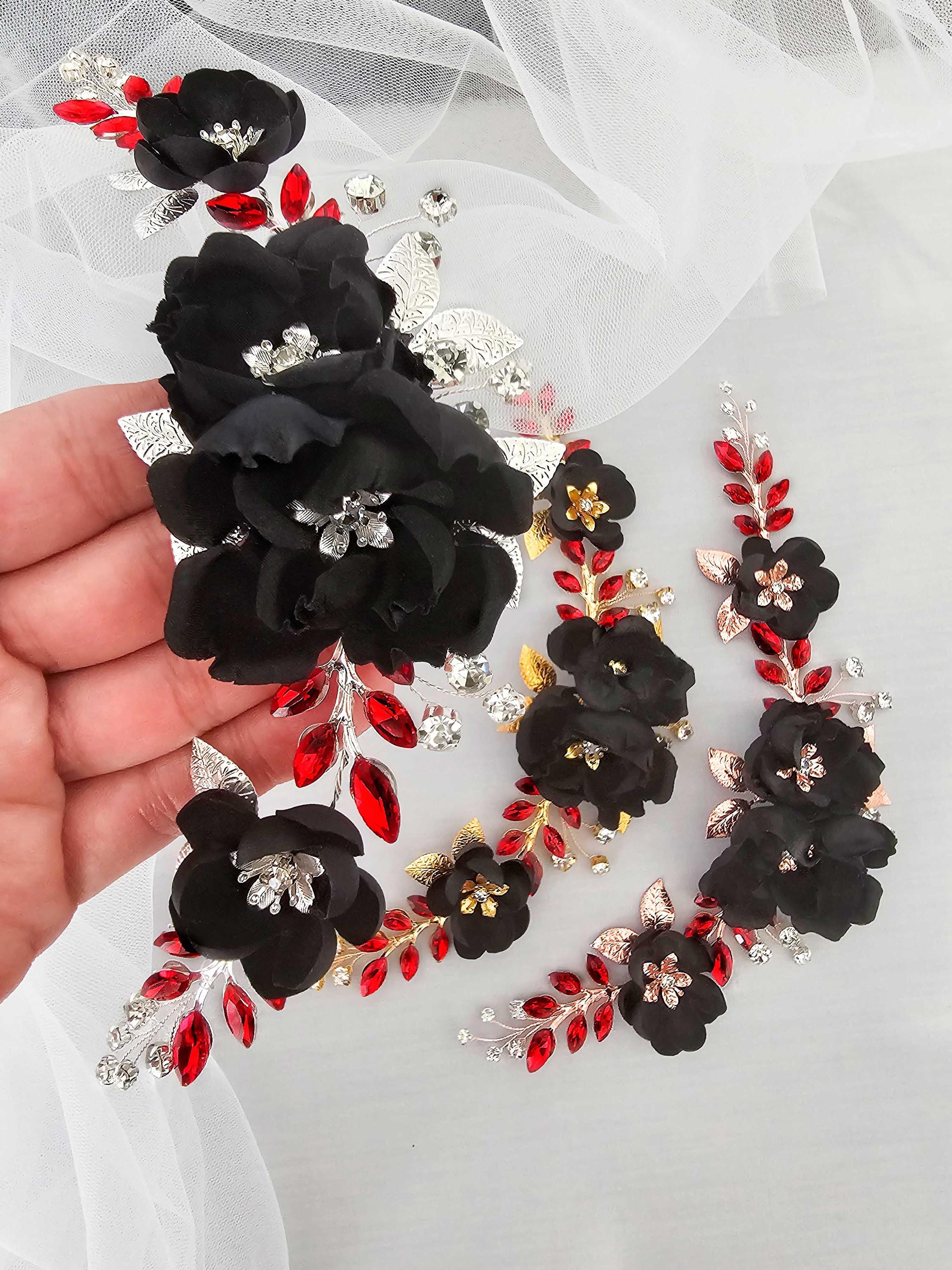 Black Red Flower Comb Gothic Wedding Hair Piece Black Wedding Gothic ...