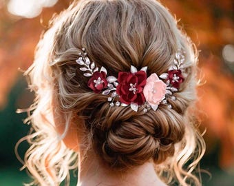 Burgundy Silk Rose Hair Piece: Wedding Hair Vine with Crystals