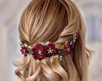Burgundy Floral Bridal Hair Comb: Navy, Maroon, & Crystal