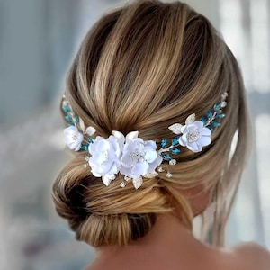 Turquoise Crystal Bridal Hair Vine: Gold Leaf & Silk Flower Wedding Headpiece