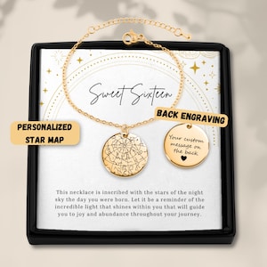 Regalo de cumpleaños número 16 para niña, pulsera personalizada con mapa estelar, caja de regalo para cumpleaños número 16, tarjeta de cumpleaños número 16 para hija, pulsera de regalo para cumpleaños número 16