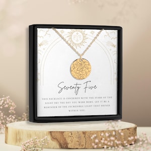 Colar de aniversário de 75 anos, mapa estelar personalizado, presente de aniversário de 75 anos para mulheres, presente de aniversário de 75 anos, aniversário de 75 anos, joias femininas, presente de mapa estelar