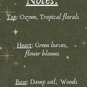 May include: A dark olive green card with gold star accents and white text that reads: Notes: Top: Ozone, Tropical florals, Heart: Green leaves, flower blooms, Base: Damp soil, Woods. The text is organized into three distinct sections with underlined headers.