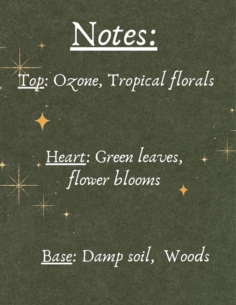 May include: A dark olive green card with gold star accents and white text that reads: Notes: Top: Ozone, Tropical florals, Heart: Green leaves, flower blooms, Base: Damp soil, Woods. The text is organized into three distinct sections with underlined headers.