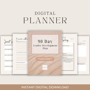 May include: A digital planner with a 90-day leader development plan. The planner has a beige background with a sand texture and the text "Grow More Confident and Impactful as a Leader".