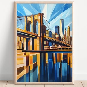 Ilustración Art Déco abstracta del horizonte de la ciudad de Nueva York y el puente de Brooklyn, arte de pared imprimible, decoración moderna de la ciudad de Nueva York, impresión colorida para el hogar