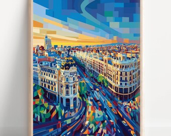 Illustration Art déco abstraite du paysage urbain de Madrid, art mural imprimable vibrant, paysage urbain coloré, décoration d'intérieur, affiche de voyage en Espagne