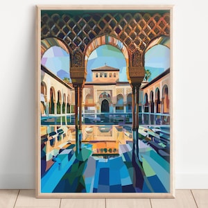 Illustration Art déco abstraite de l'Alhambra, oeuvre d'art imprimable vibrante, décoration d'intérieur moderne colorée, impression monument de Grenade