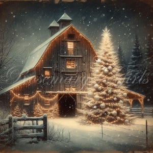 Primitive Barn, Christmas tree, Christmas lights, snowy setting, digital download. Perfect for decoupage or printing for home decor.