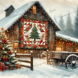 May include: Watercolor painting of a snowy Christmas scene. A rustic barn is decorated with lights and a quilt featuring a Christmas tree. A decorated Christmas tree and a wooden wagon are in the foreground. Presents are at the base of the tree.