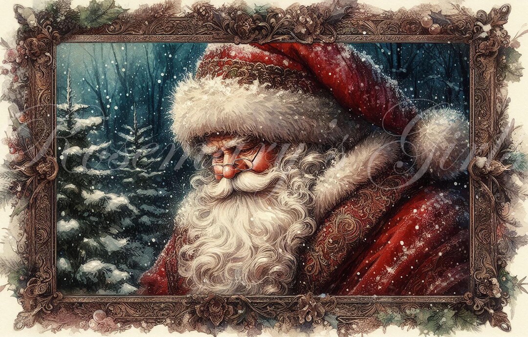 Vintage Santa, Bold Rich Colors, Winter Scene, Trees, Digital Download ...