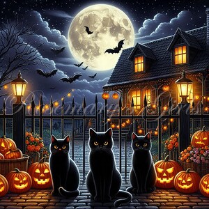 May include: A digital illustration of a Halloween scene featuring three black cats with glowing eyes sitting in front of a house. Jack-o'-lanterns and a full moon are also present. Bats fly in the night sky.