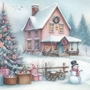 Immagine di una casetta natalizia in un ambiente invernale, download digitale. Perfetta per il decoupage o per la stampa come decorazione per la casa.