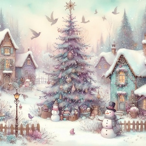 Immagine di un villaggio natalizio in un ambiente invernale, download digitale. Perfetta per il decoupage o per la stampa come decorazione per la casa.