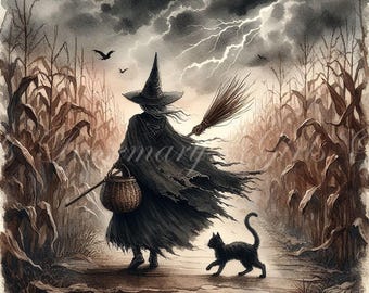 Bruja de Halloween primitiva, oscura, melancólica, espeluznante, grunge, descarga digital. Perfecta para decoupage o impresión para decoración del hogar.