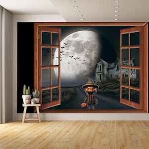 Pumpkin Head Trick or Treat Window View Creepy House Wall Mural