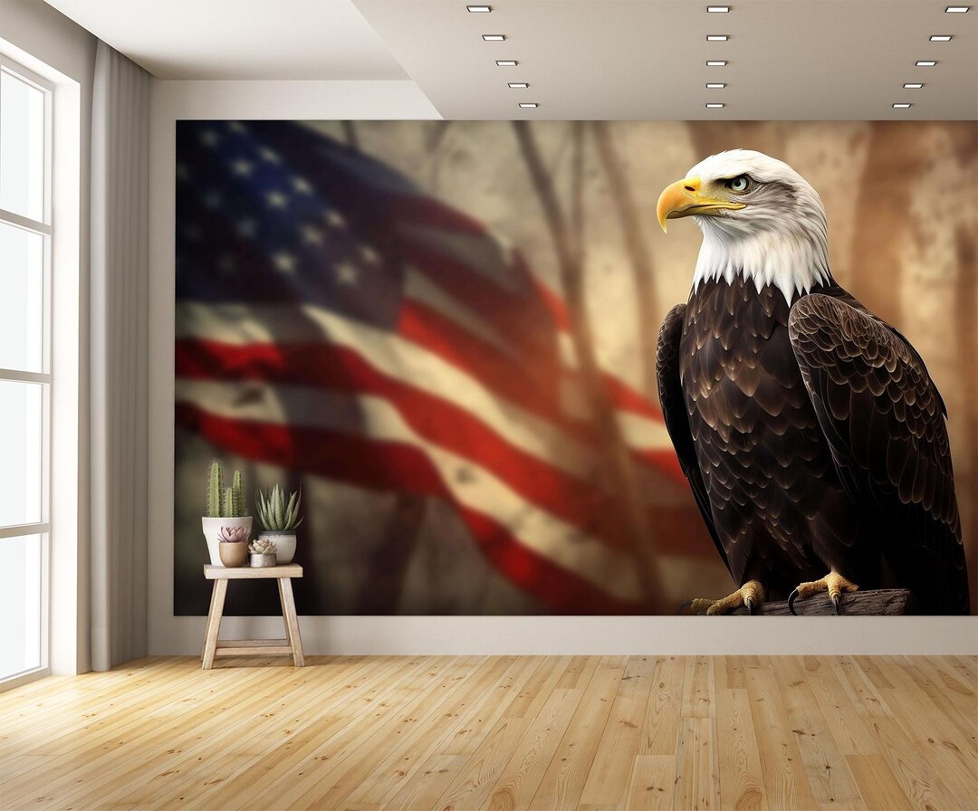 American Bald Eagle Perched in Front of Flag Wall Mural - Etsy