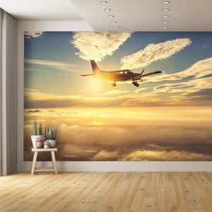 Small General Aviation Airplane Flying at Sunset Wall Mural